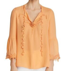 Kobi Halperin Eda Orange Peach Long Sleeve Silk Tie Front Blouse Size Small